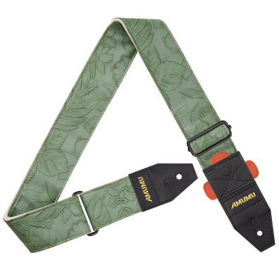 AMUMU Embossed Leaf Green Guitar Strap β Light Green Vegan Leather with Double-Layer Top Grain Leather Ends VG01EB-LG-R